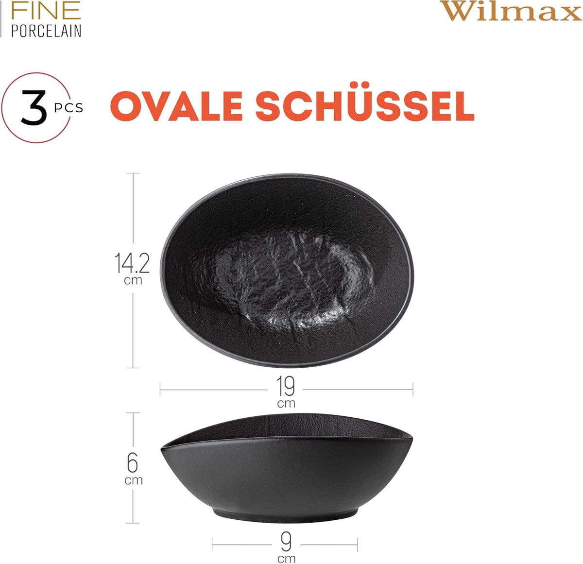 Wilmax Ovale Schaal 19x15x6 cm 3-delig SlateStone Zwart
