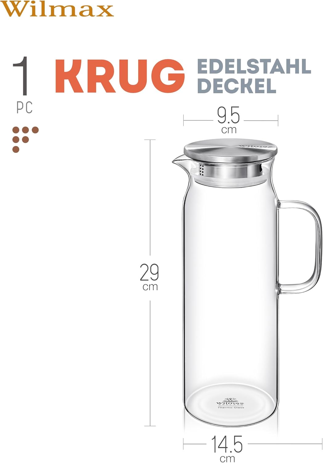 Wilmax England Kan 1500ml Thermoglas RVS Deksel