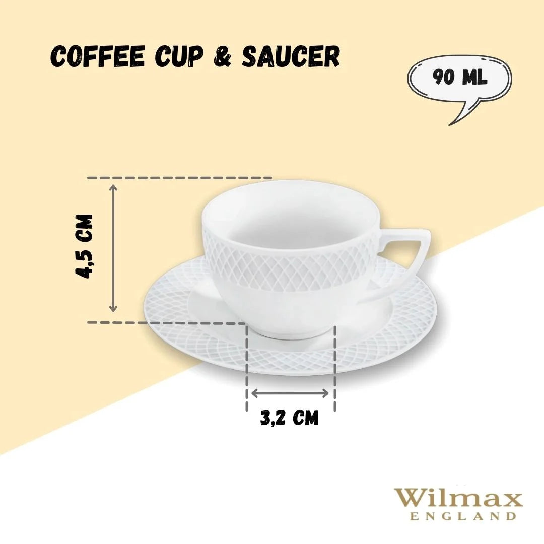 Wilmax Kop & Schotel 90 ml Wit Porselein Set van 6