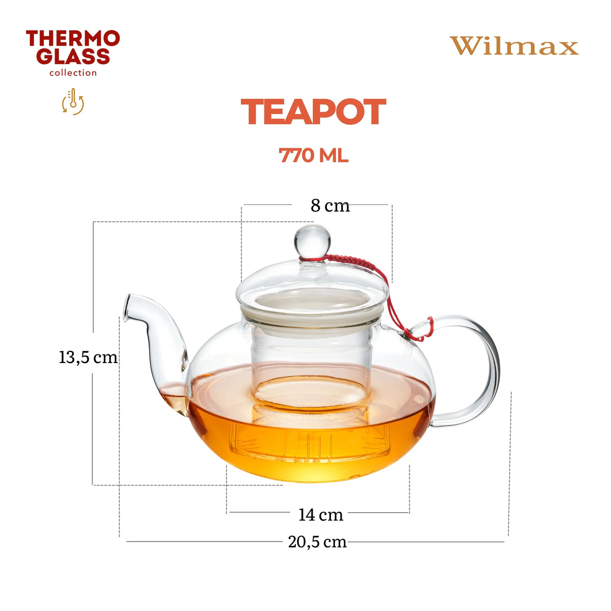 Wilmax England Theepot | Borosilicaatglas RVS filter 1200ml