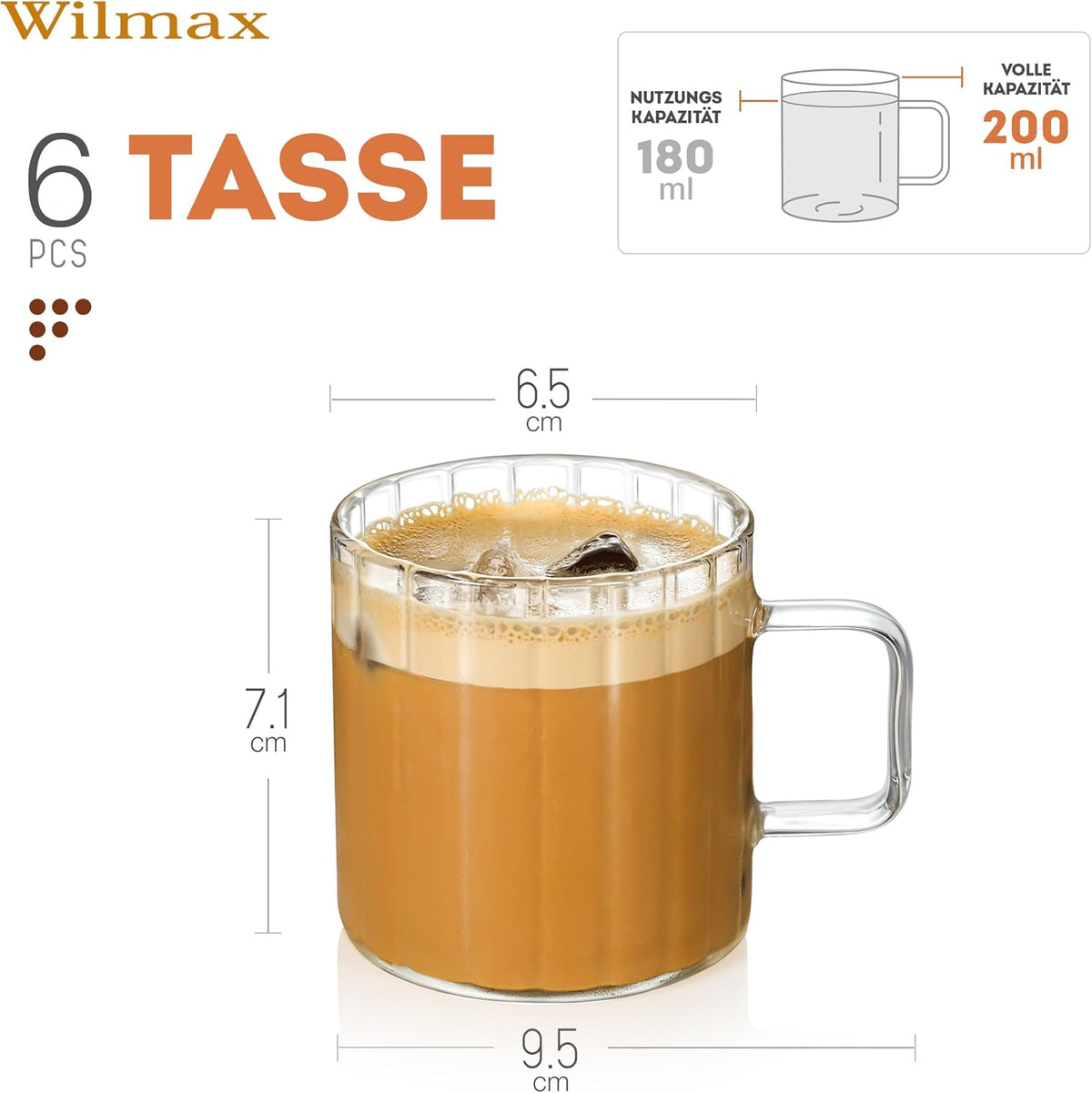 Wilmax England Thermo Glass - Glazen Koffie- en Theebekers - 200 ml - Set van 6 - Transparant