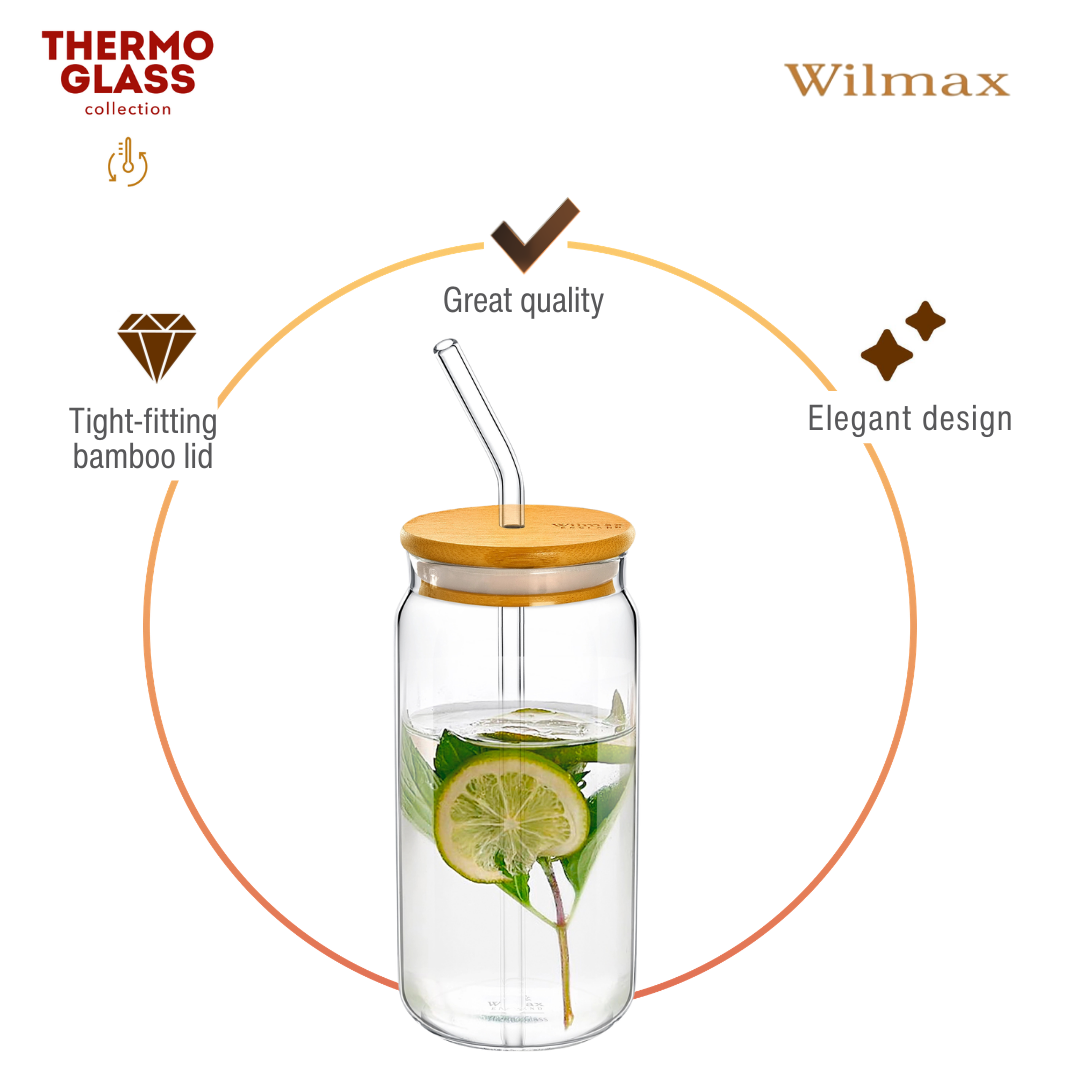 Wilmax Glasbeker 500 ml met deksel en rietje WL-888610/A