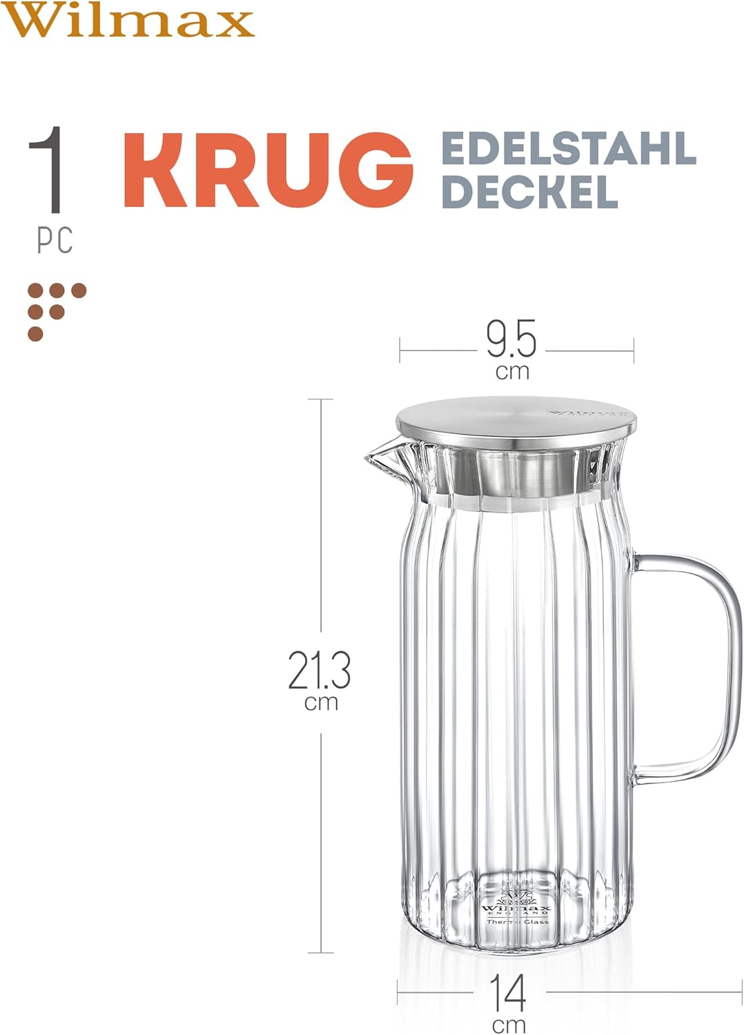 Wilmax Thermoglas Kan 1000 ml RVS Deksel Transparant
