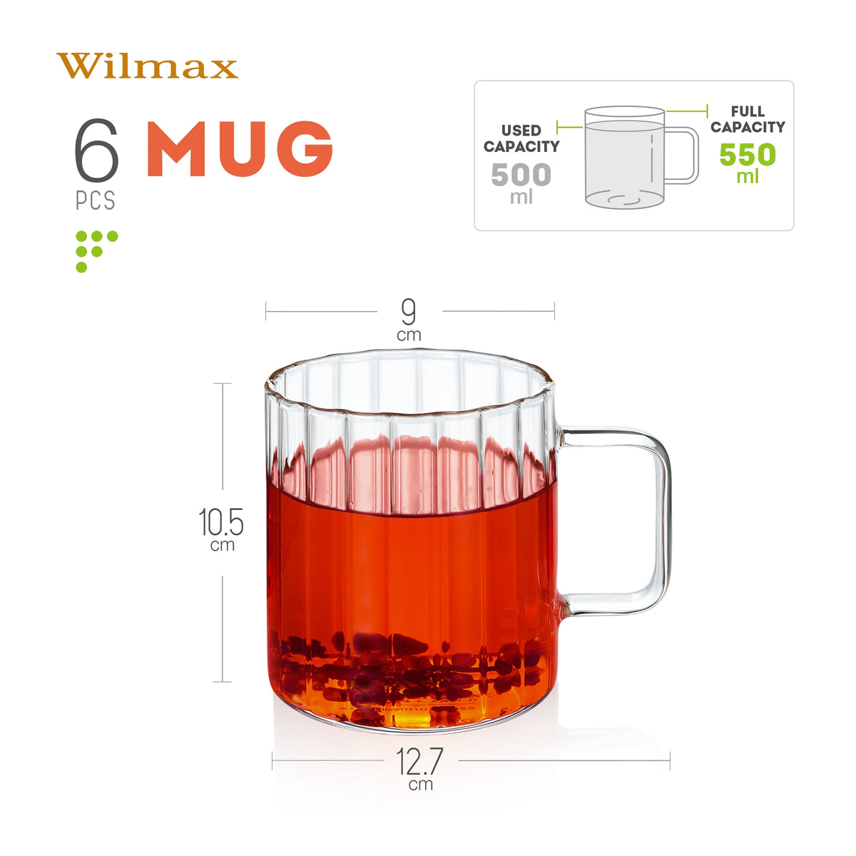 Wilmax England Borosilicaatglas Mok 550 ml Set van 6