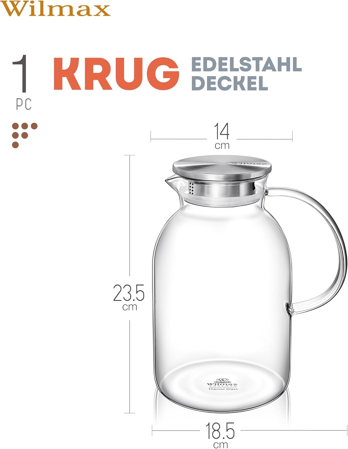 Wilmax Kanne 2100ml Thermoglas met RVS deksel Transparant
