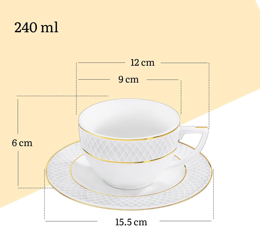 Wilmax Teetassen & Untertassen Set mit Goldlinien, 240 ml, 2er, WL-880102404/AB2