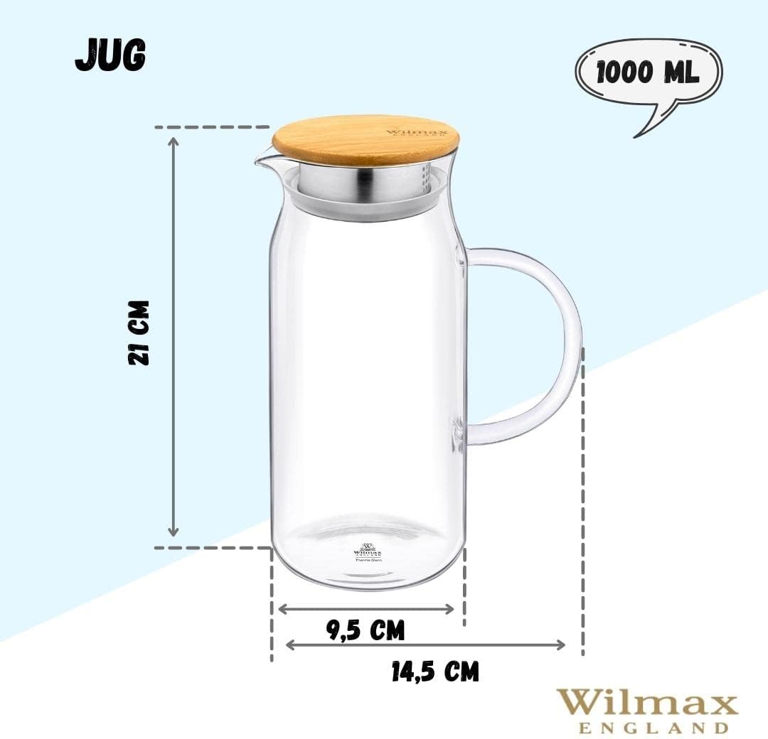 Wilmax Karaf 1000 ml Thermoglas met Bamboe Deksel Transparant