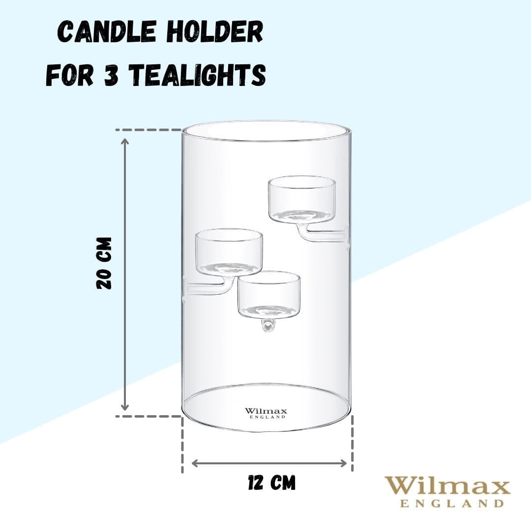 Wilmax Teelichthalter aus Glas für 3 Teelichter, 20 cm – WL-888906/A
