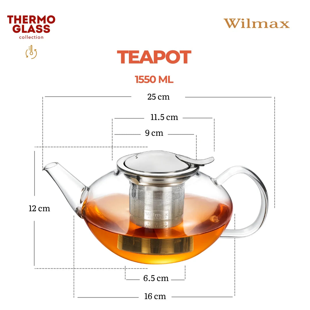 Wilmax Theepot 1550 ml Thermoglas RVS-filter
