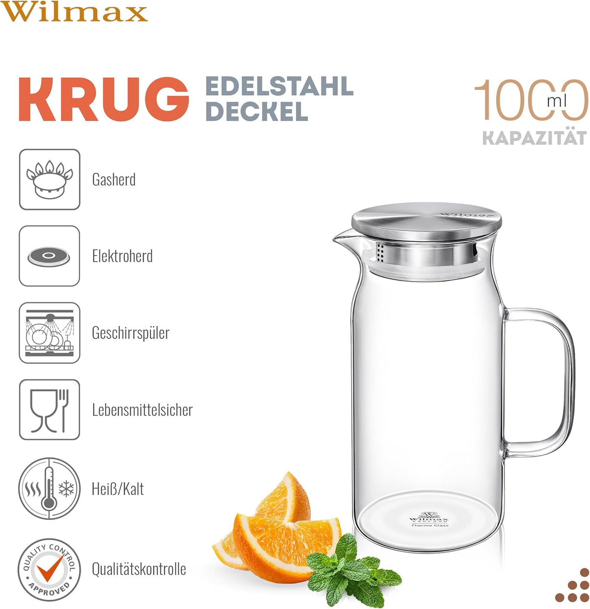 Wilmax Thermoglas Kruik 1000 ml RVS Deksel