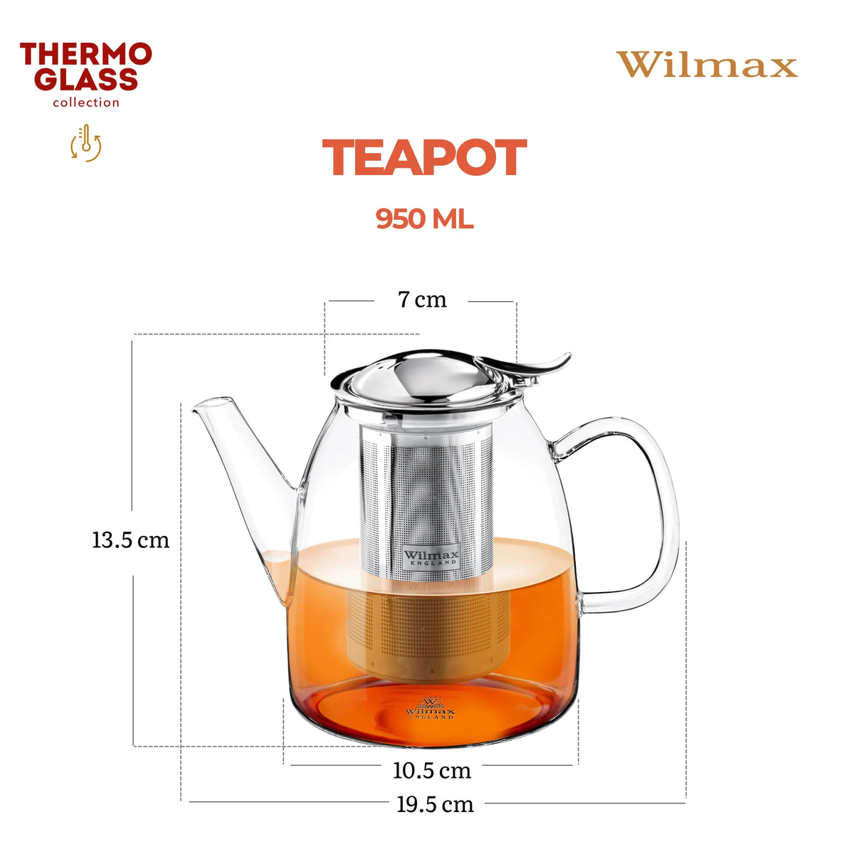 Wilmax Theepot 950 ml Borosilicaatglas RVS