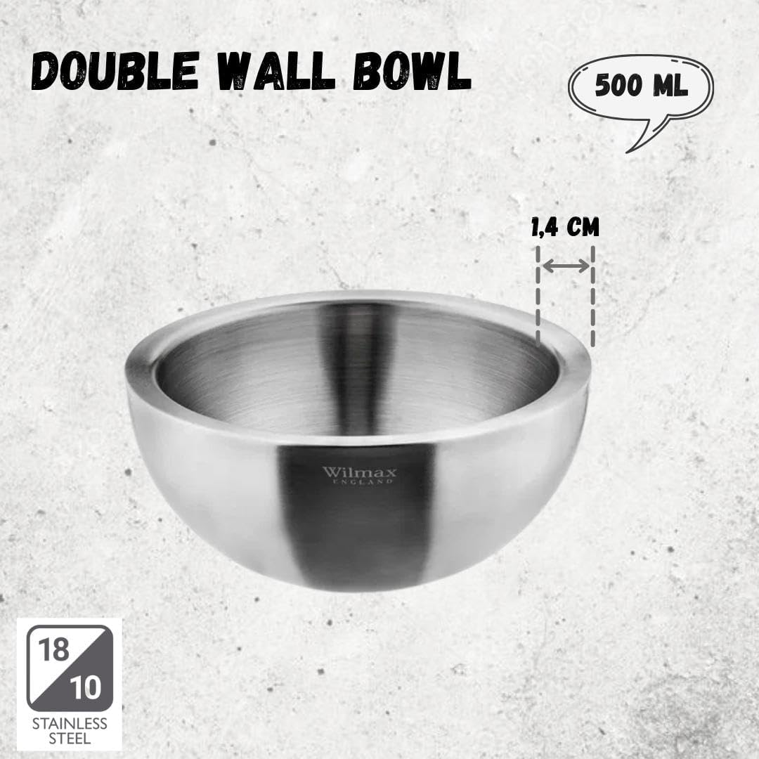 Wilmax Schüssel aus Edelstahl in Silber matt, doppelwandig, 500 ml – WL-553002/A