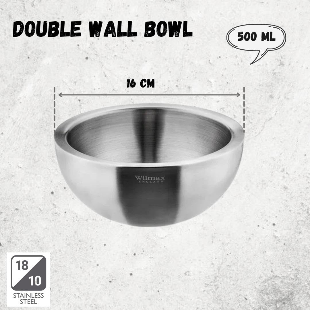 Wilmax Schüssel aus Edelstahl in Silber matt, doppelwandig, 500 ml – WL-553002/A