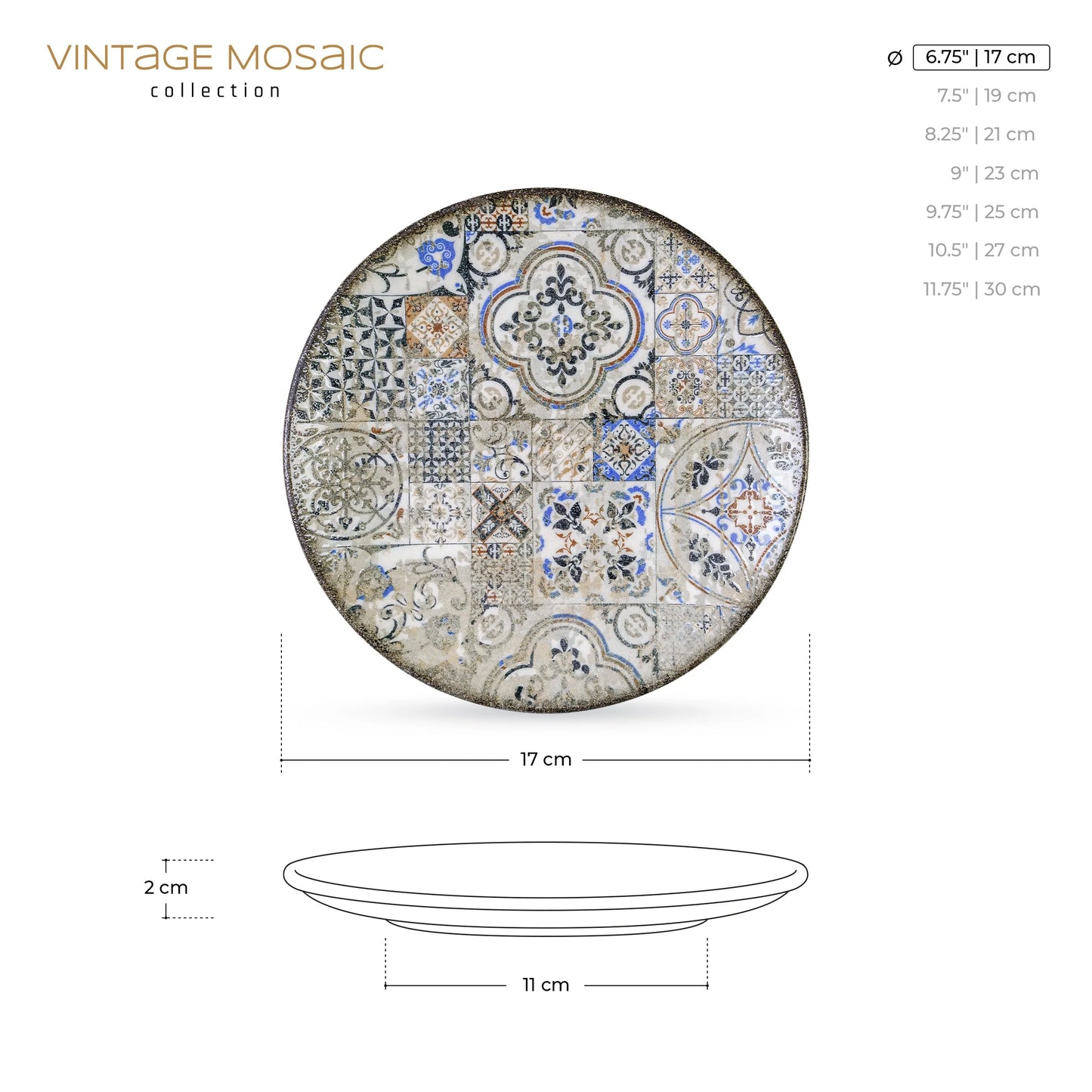 Wilmax Porzellan Dessertteller 2er Set, 17 cm, Rund, Vintage Mosaic Design – WL-671301/A2