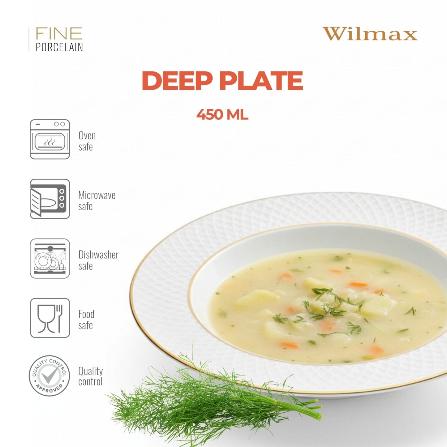 Wilmax Dieper Bord 22,5 cm Wit Porselein Gouden Rand