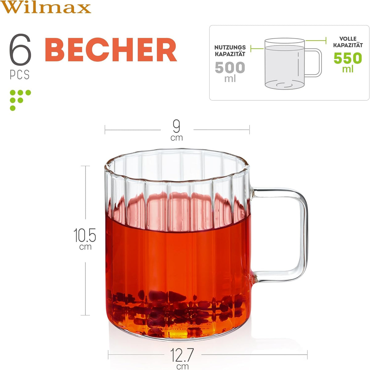 Wilmax England Borosilicaatglas Mok 550 ml Set van 6