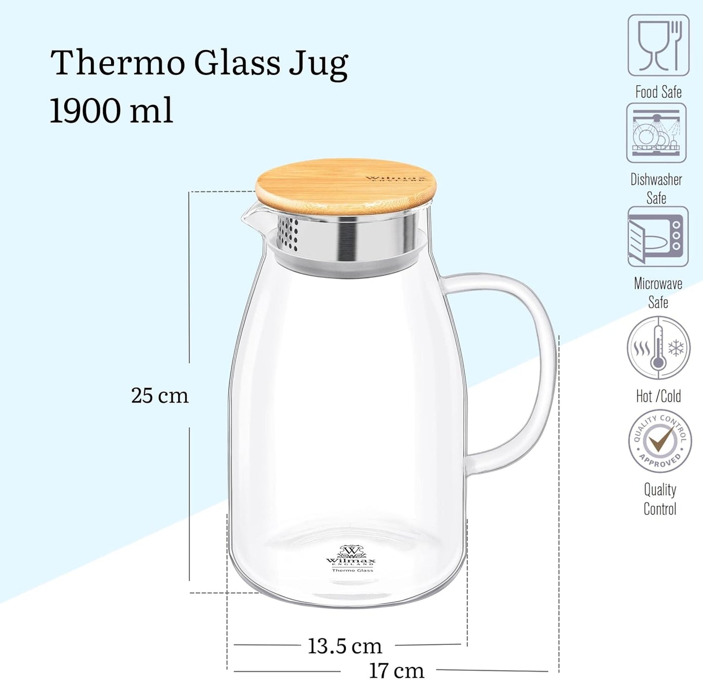 Wilmax England Karaf 1900 ml Thermoglas met Bamboe deksel