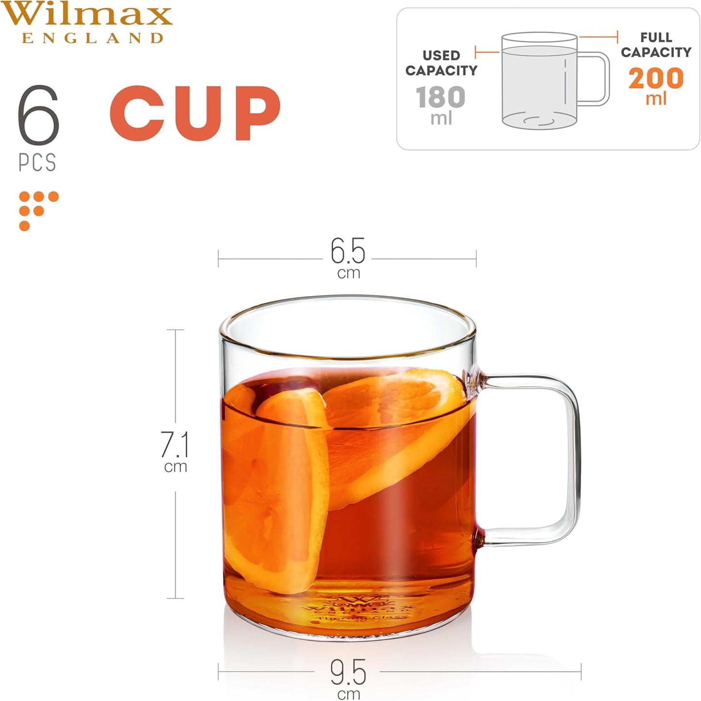 Wilmax England Glass Cup 200 ml Borosilicate Glass Set of 6