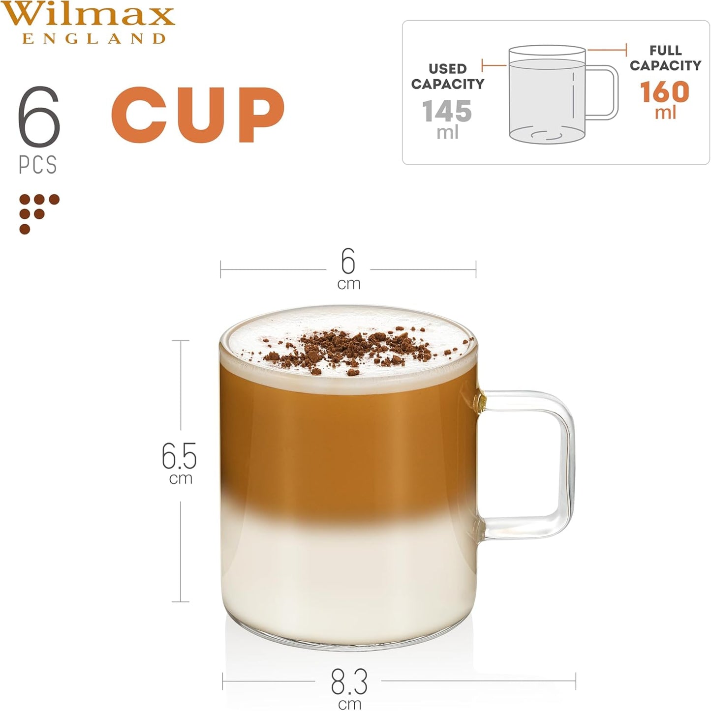Wilmax Glass Mug 160 ml Borosilicate Glass Set of 6