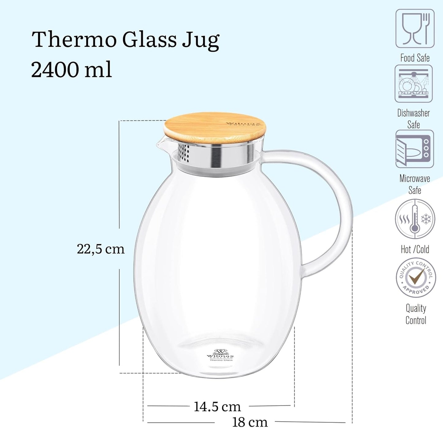 Wilmax Karaf 2400 ml Thermoglas met bamboedeksel Transparant