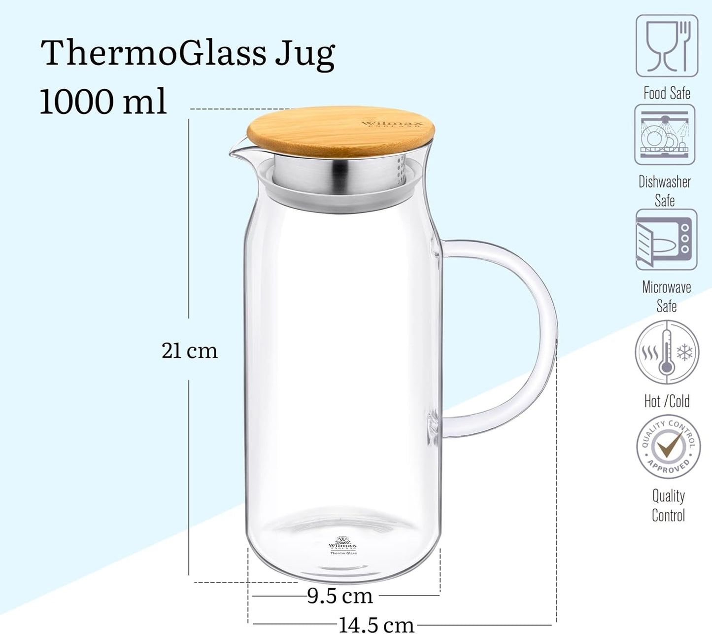 Wilmax Karaf 1000 ml Thermoglas met Bamboe Deksel Transparant