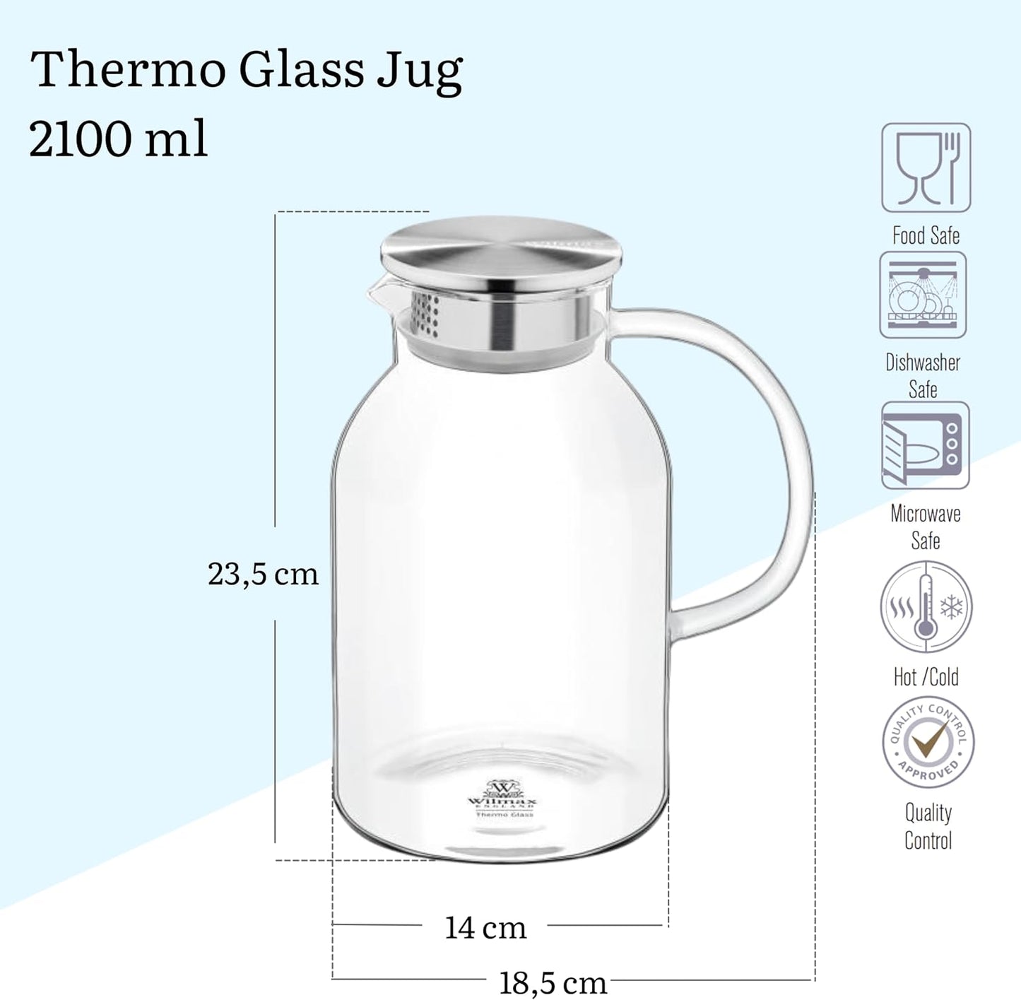 Wilmax Thermo Glas Krug 2100 ml mit Edelstahl-Deckel WL-888214/A