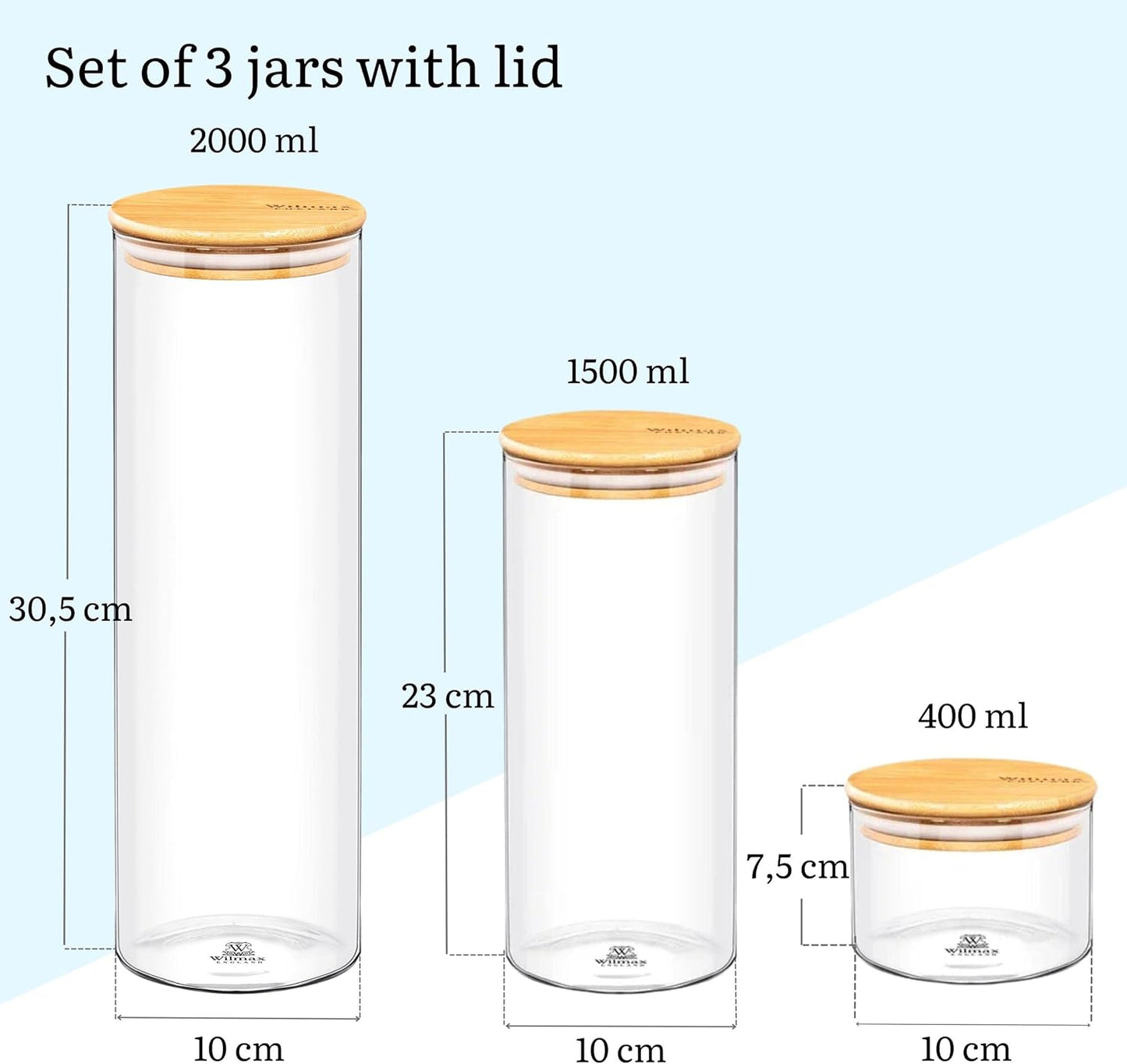 Wilmax Vorratsglas Set mit Bambusdeckel 3er Set WL-888501/A-507/A-510/A
