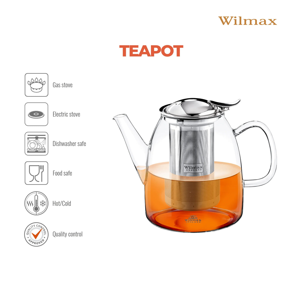 Wilmax England Theepot 600ml Borosilicaatglas RVS filter