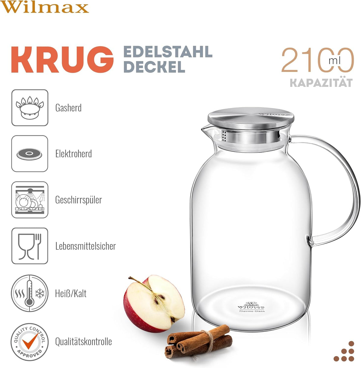 Wilmax Kanne 2100ml Thermoglas met RVS deksel Transparant