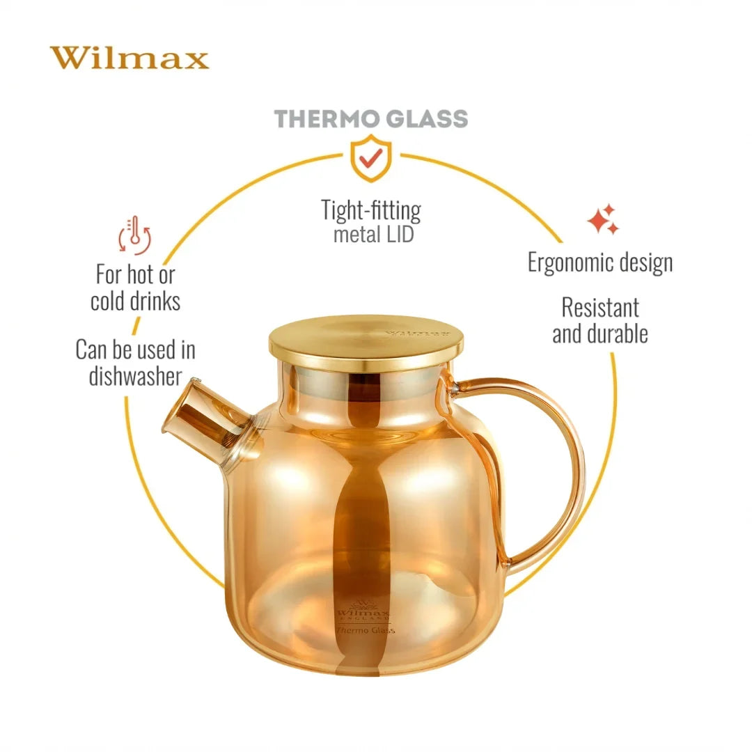 Wilmax England Theepot 1200 ml Glas met RVS deksel Goud