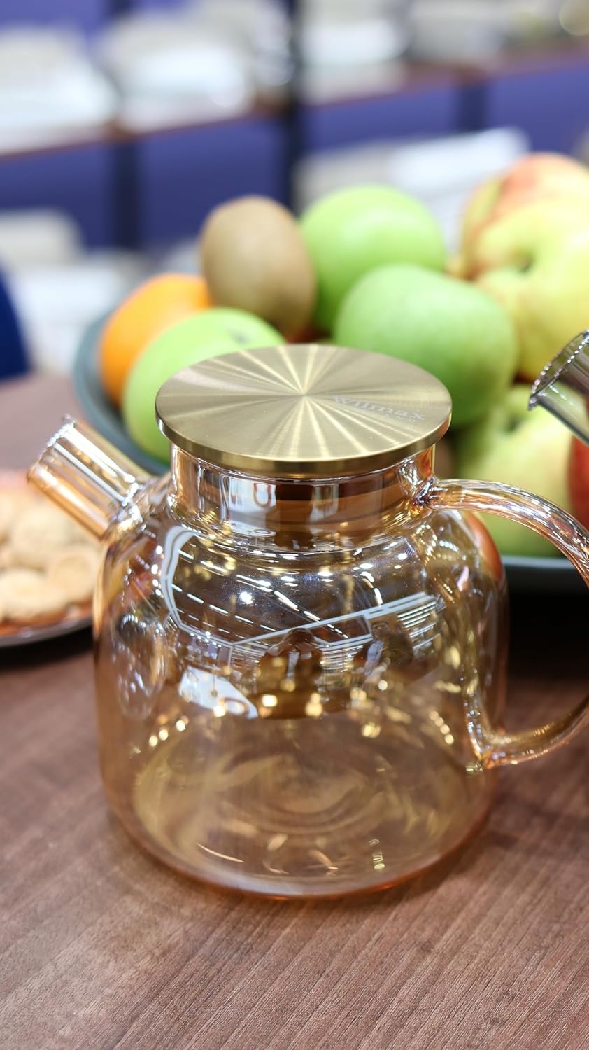 Wilmax England Theepot 1200 ml Glas met RVS deksel Goud
