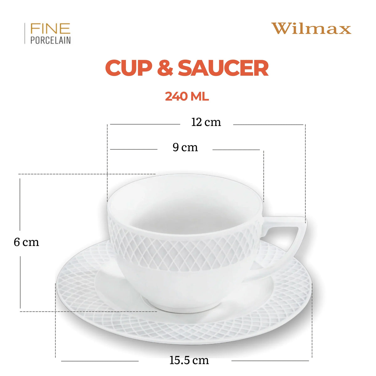 Wilmax Kop en schotel Wit Porselein 240ml, 6-delig