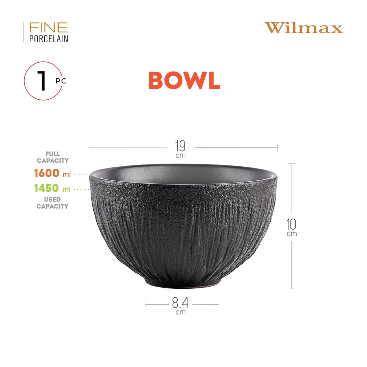 Wilmax England Kom 1600 ml Zwart Porselein