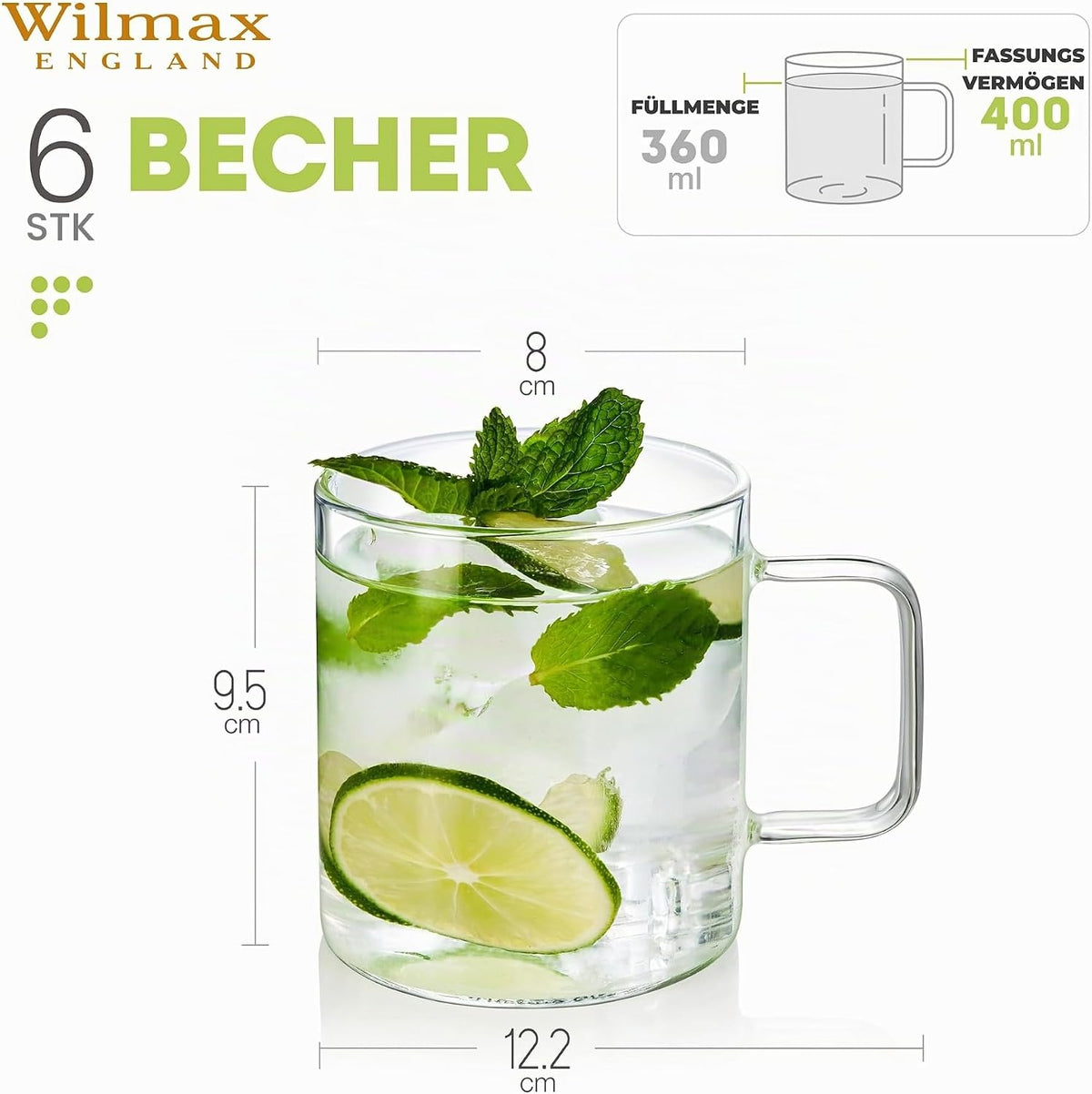 Wilmax England Koffiekop 400ml Borosilicaatglas 6 stuks