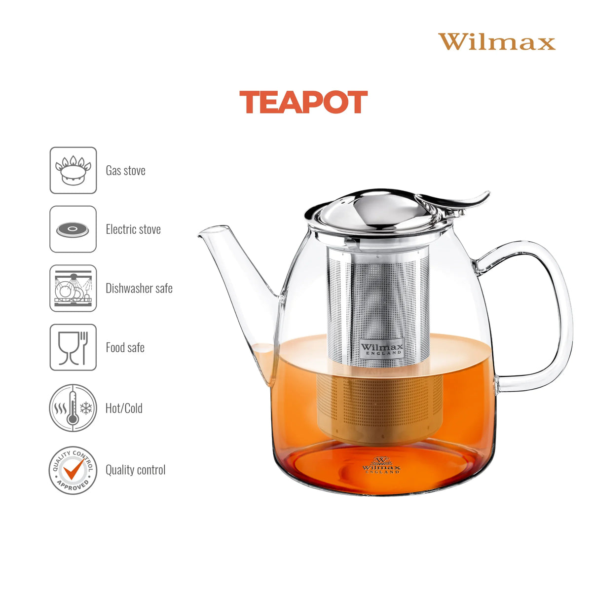 Wilmax Theepot 1450 ml Thermoglas RVS filter