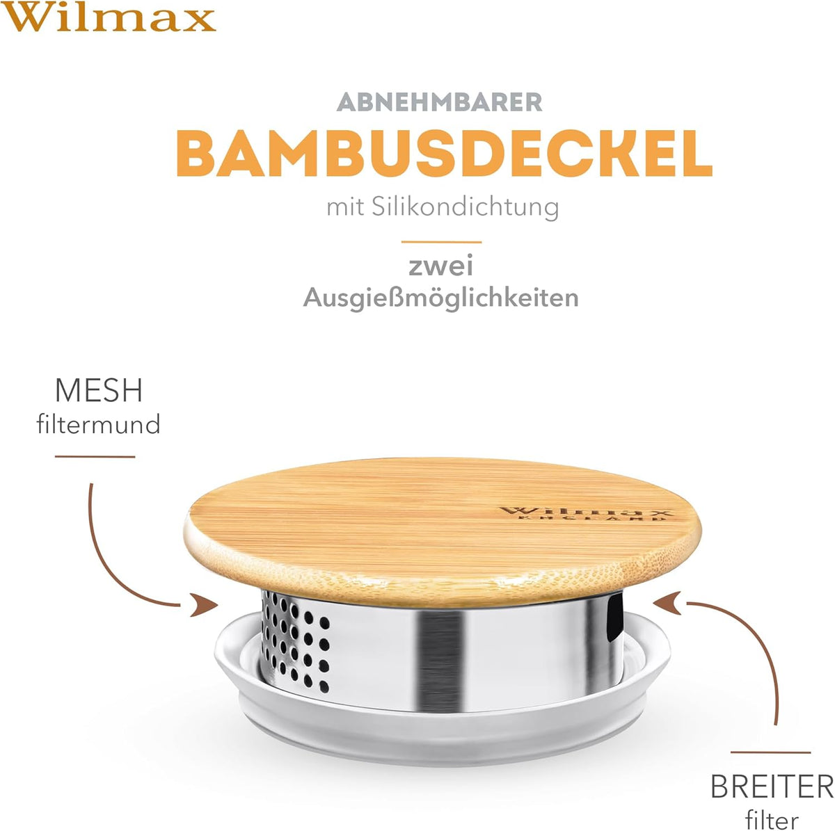 Wilmax England Karaf 1900 ml Thermoglas met Bamboe deksel