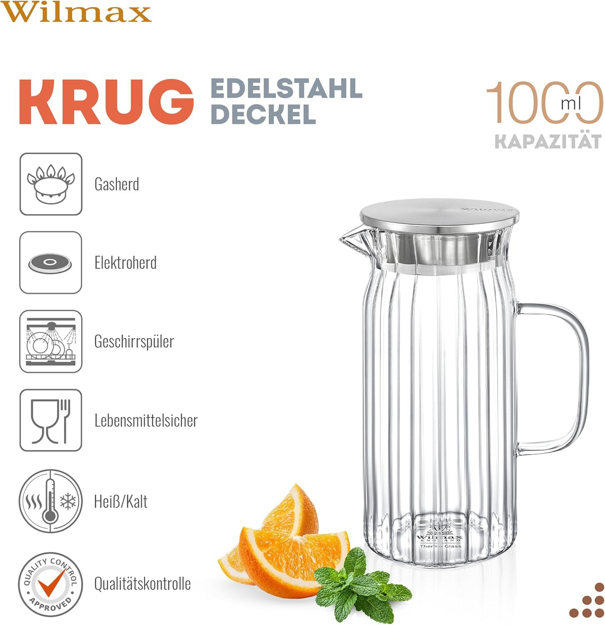 Wilmax Thermoglas Kan 1000 ml RVS Deksel Transparant