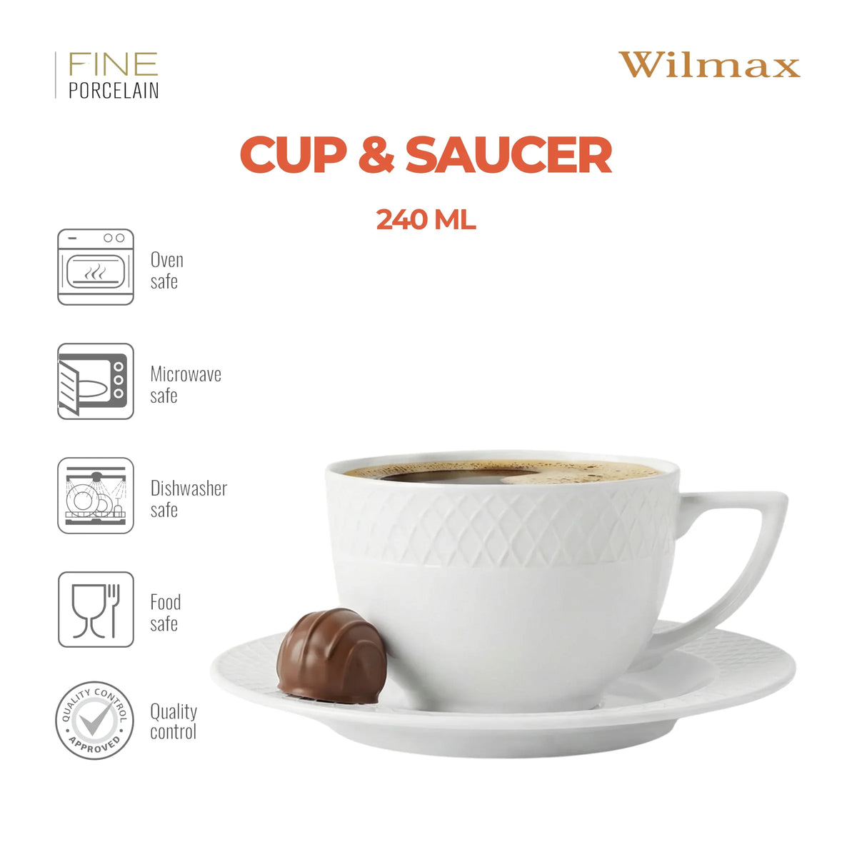 Wilmax Kop en schotel Wit Porselein 240ml, 6-delig