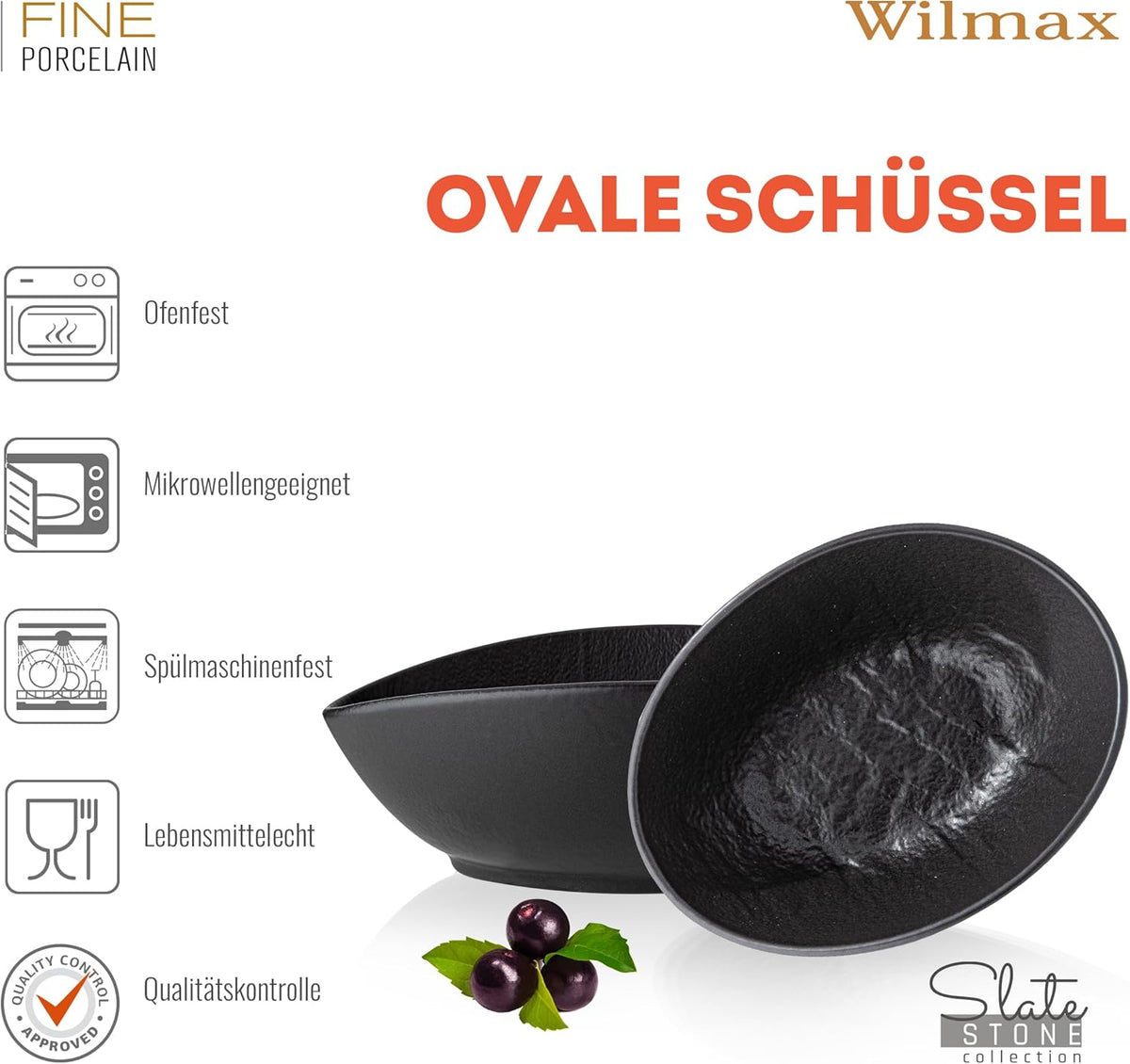 Wilmax Ovale Schaal 19x15x6 cm 3-delig SlateStone Zwart
