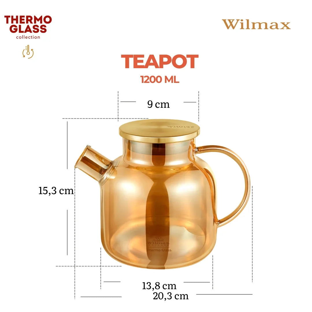 Wilmax England Theepot 1200 ml Glas met RVS deksel Goud