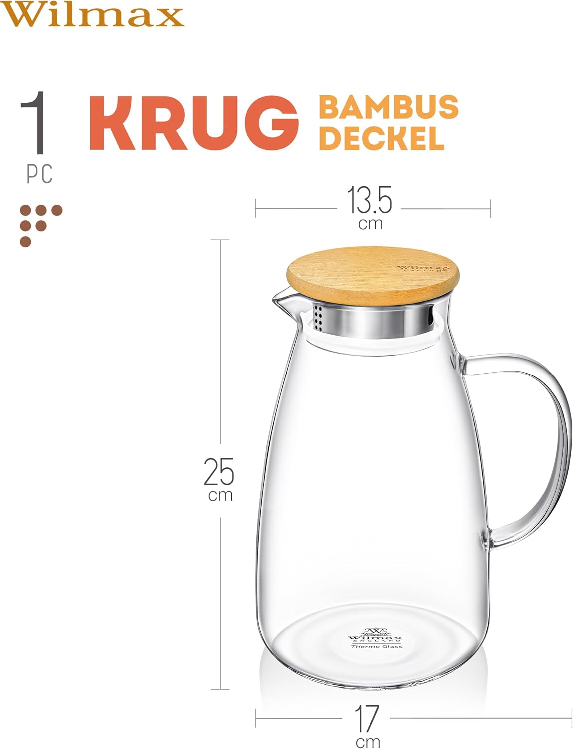 Wilmax England Karaf 1900 ml Thermoglas met Bamboe deksel