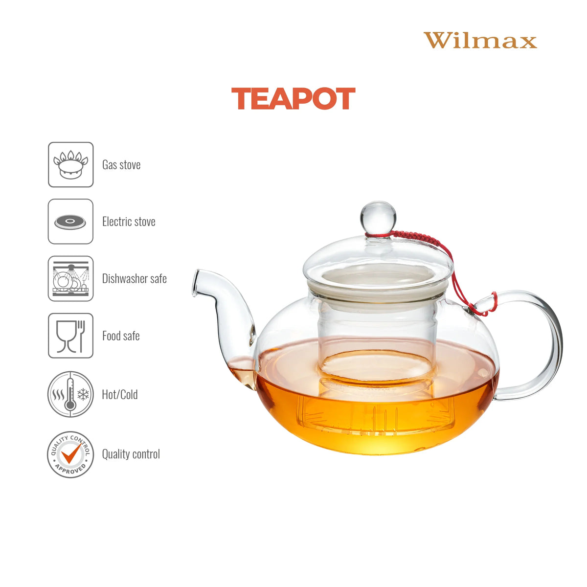 Wilmax England Theepot | Borosilicaatglas RVS filter 1200ml
