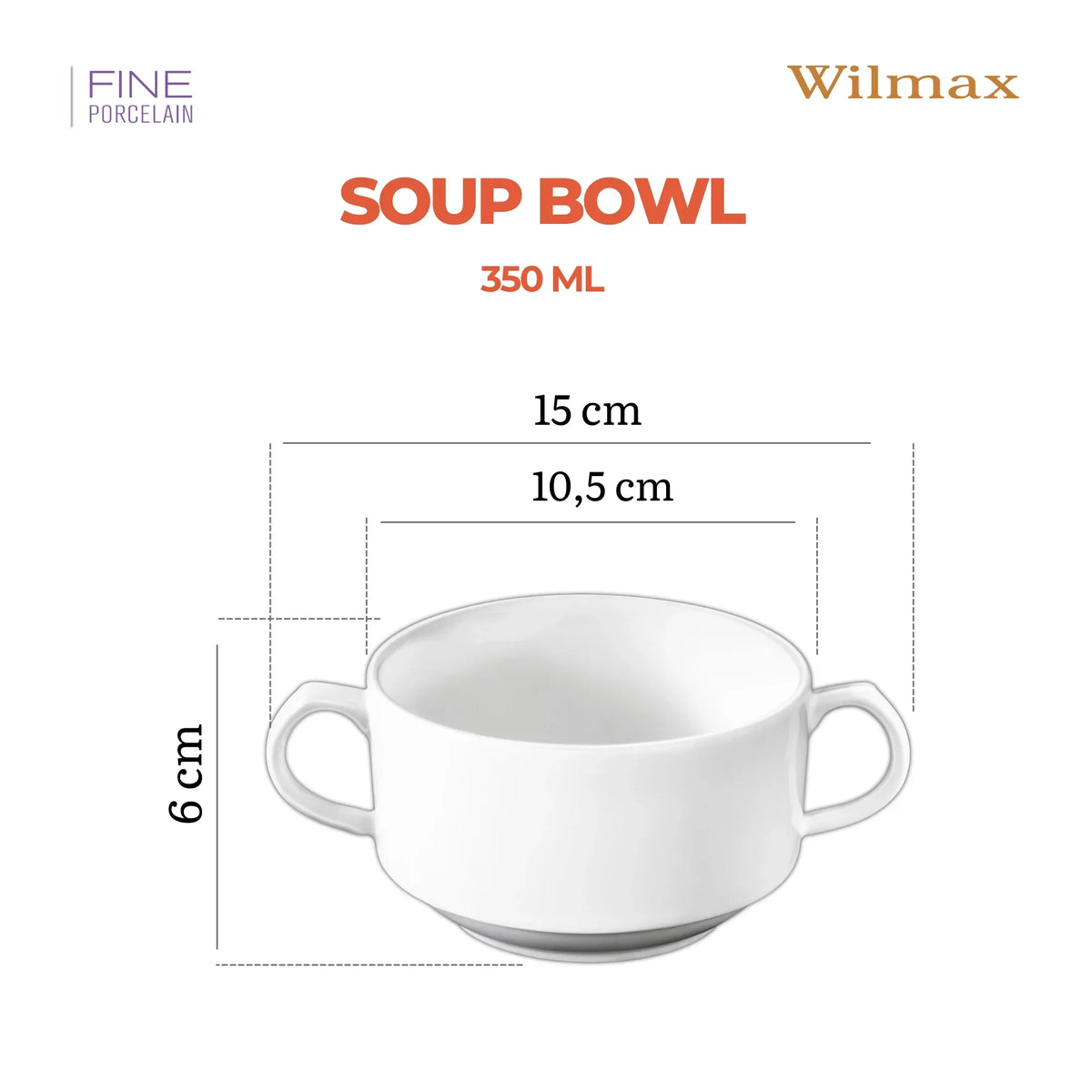 Wilmax Soepkom 350 ml Wit Porselein 4-delige set A4