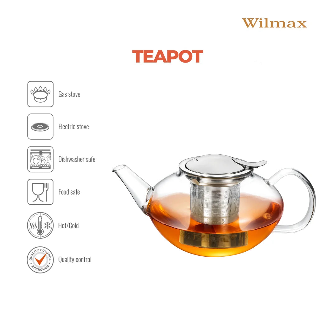 Wilmax Theepot Borosilicaatglas 650ml RVS filter