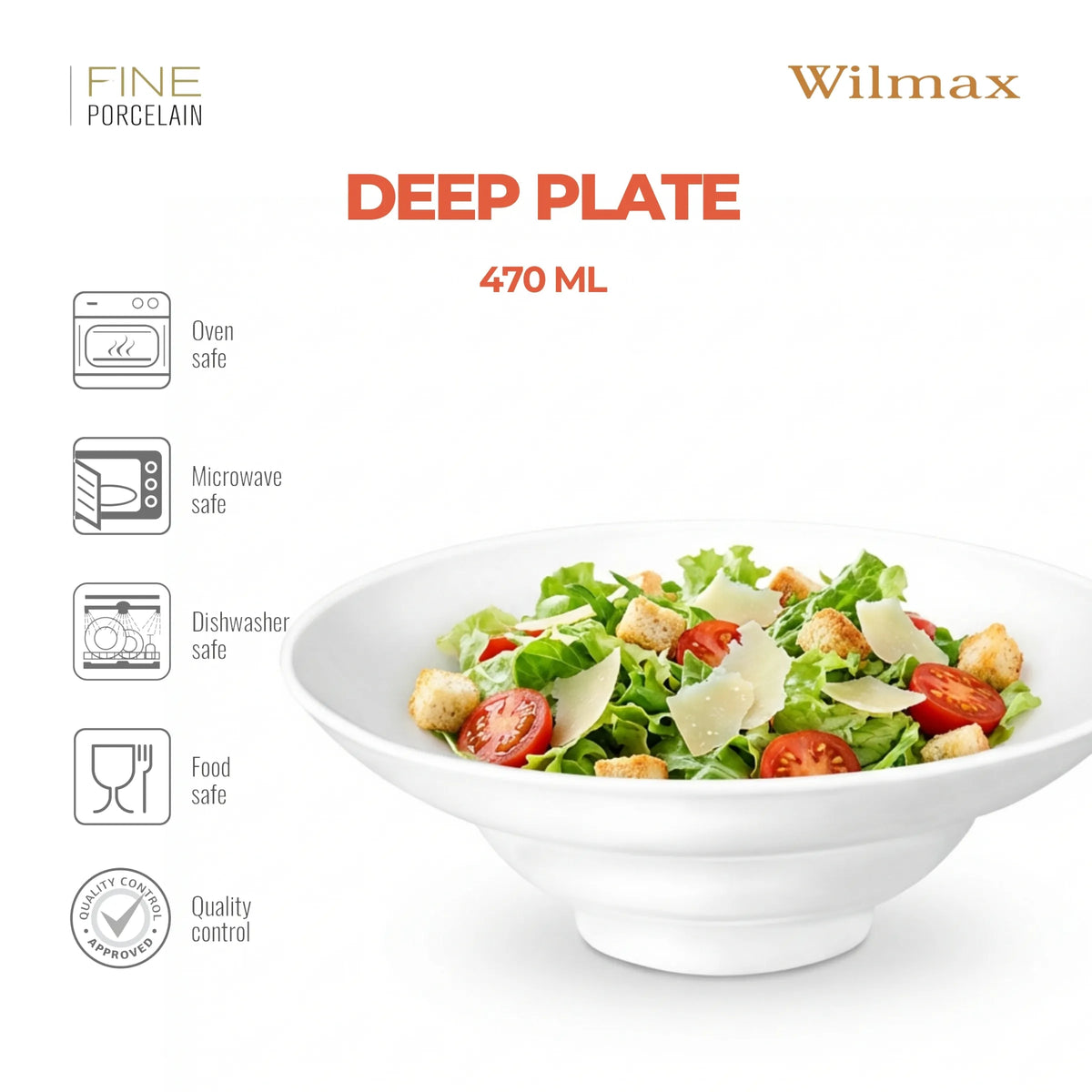 Wilmax Diep Bord 25 cm 470 ml van Porselein, Wit