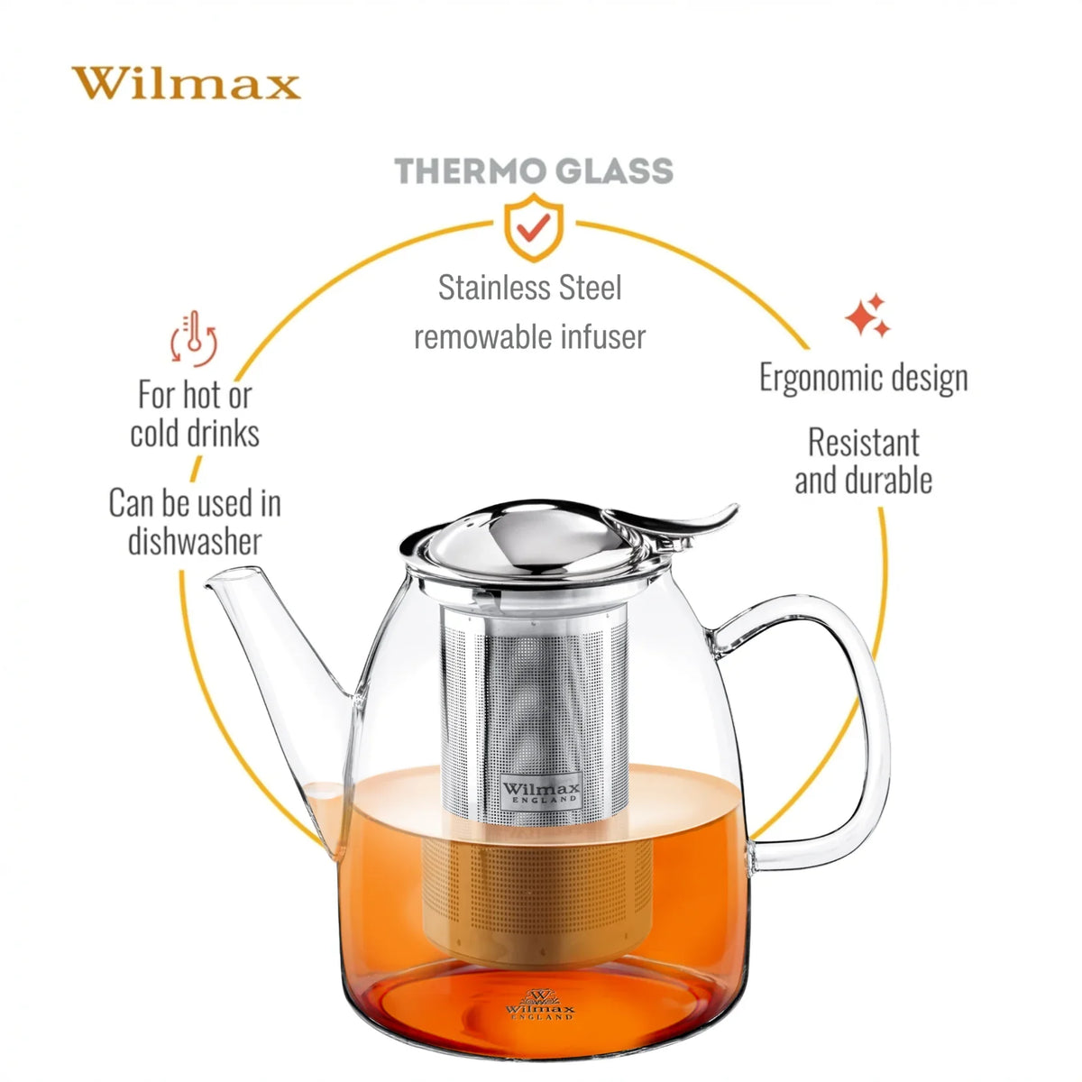 Wilmax Theepot 1450 ml Thermoglas RVS filter