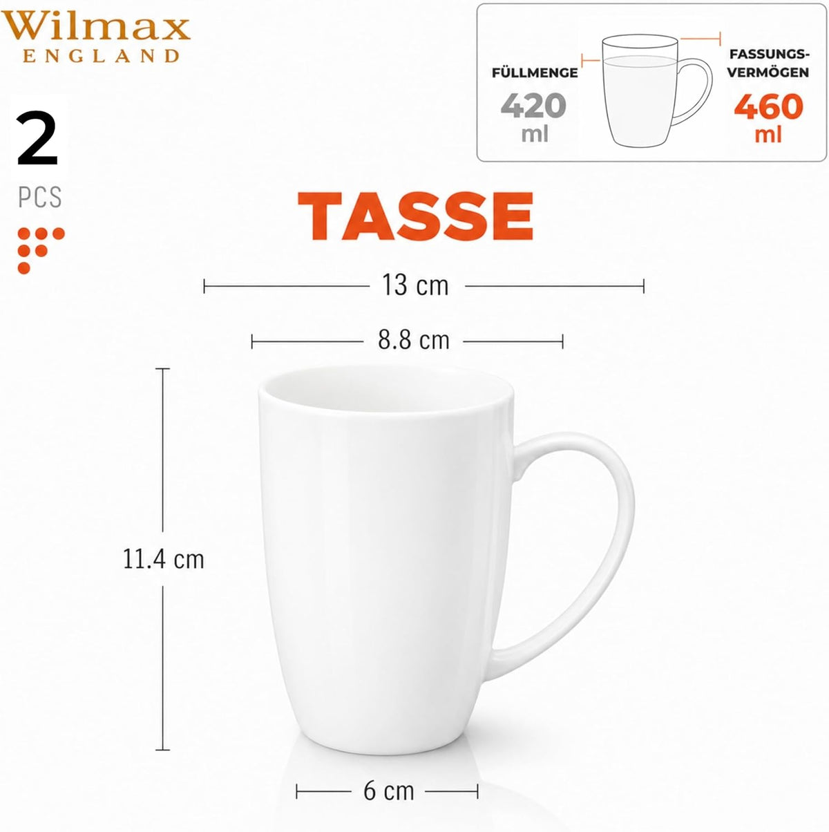 Wilmax Mokken 460 ml Wit Porselein 2-delige set A2