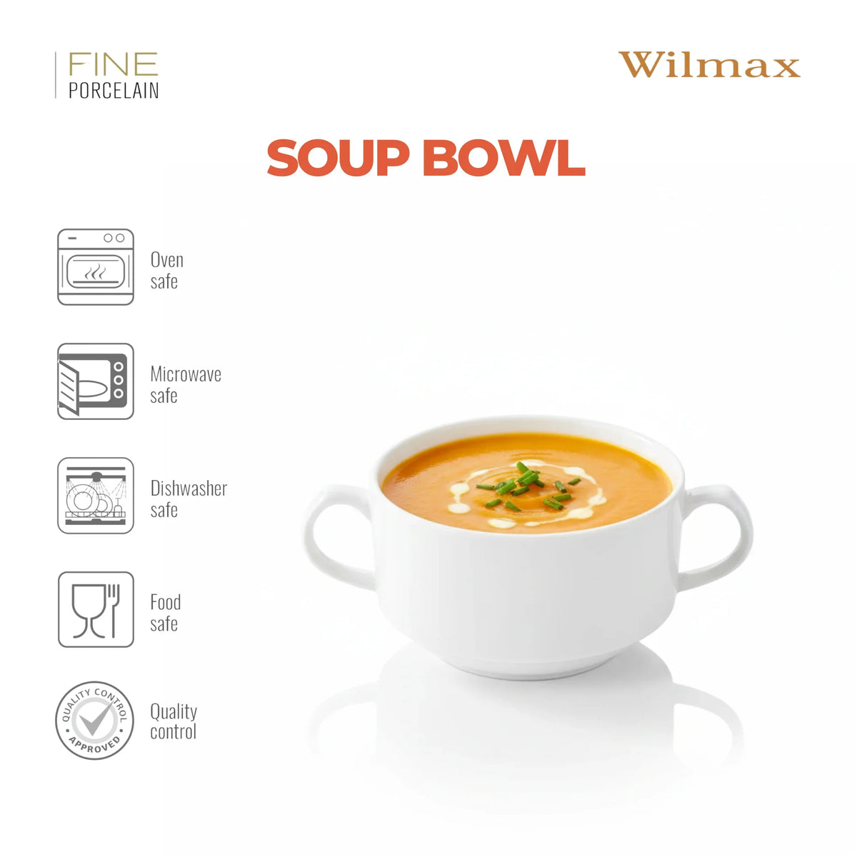 Wilmax Soepkom 350 ml Wit Porselein 4-delige set A4
