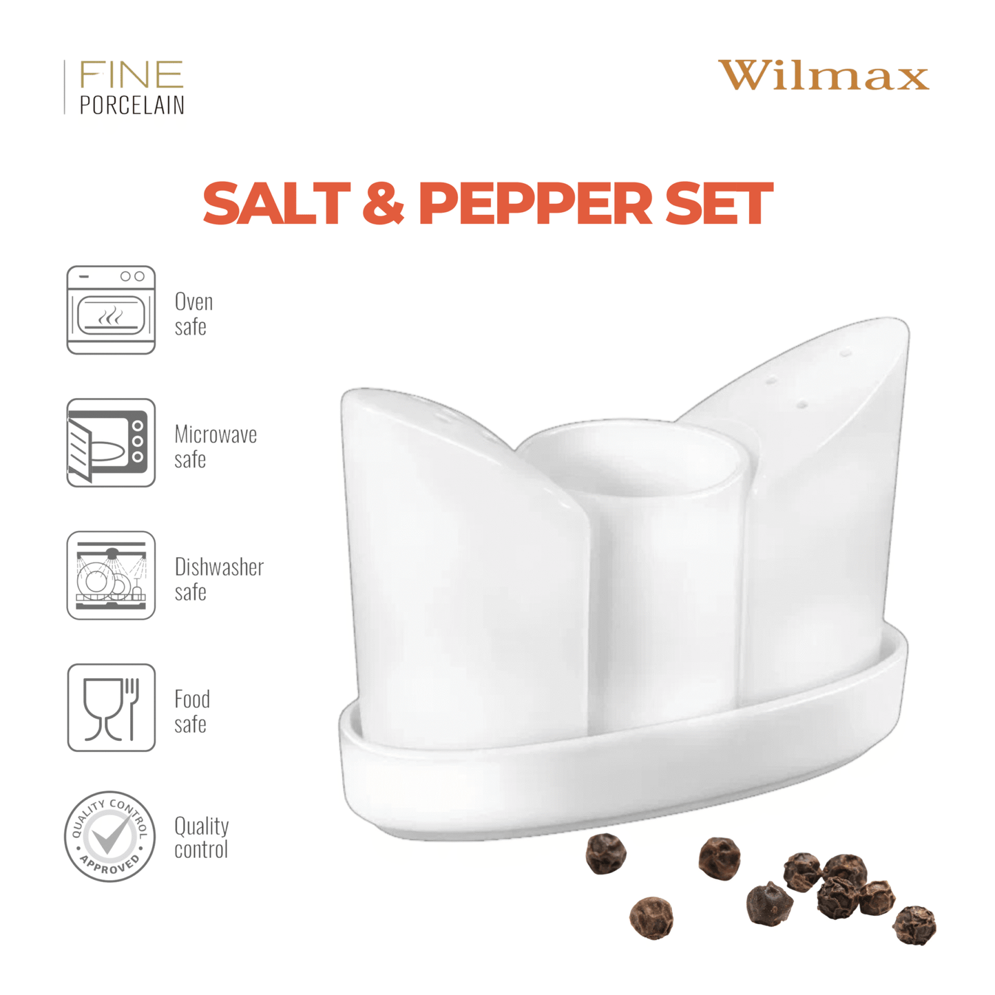 Wilmax Zout- & peperstrooier set met dienblad porselein wit