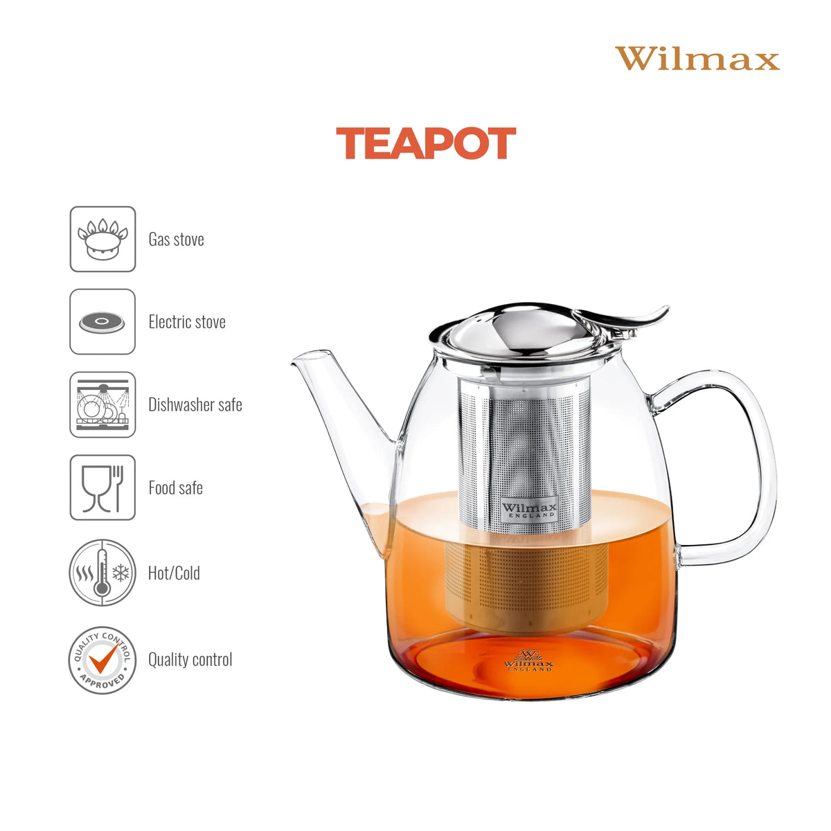 Wilmax Theepot 950 ml Borosilicaatglas RVS
